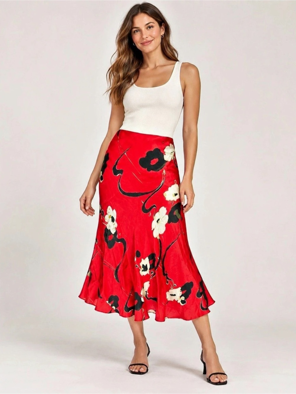 Zara Floral Midi Skirt in Red & Black Size XS NWT